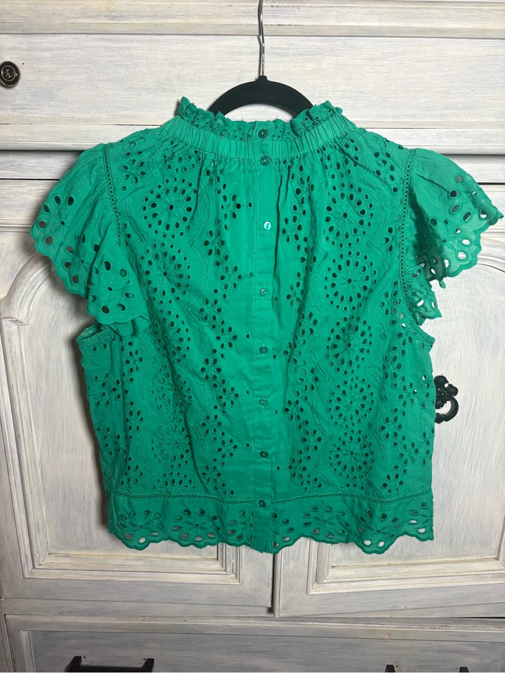 Jennifer & Grace Kelly Green Eyelet Ruffle Top High Neck Romantic Polished Chic - Picture 8 of 8